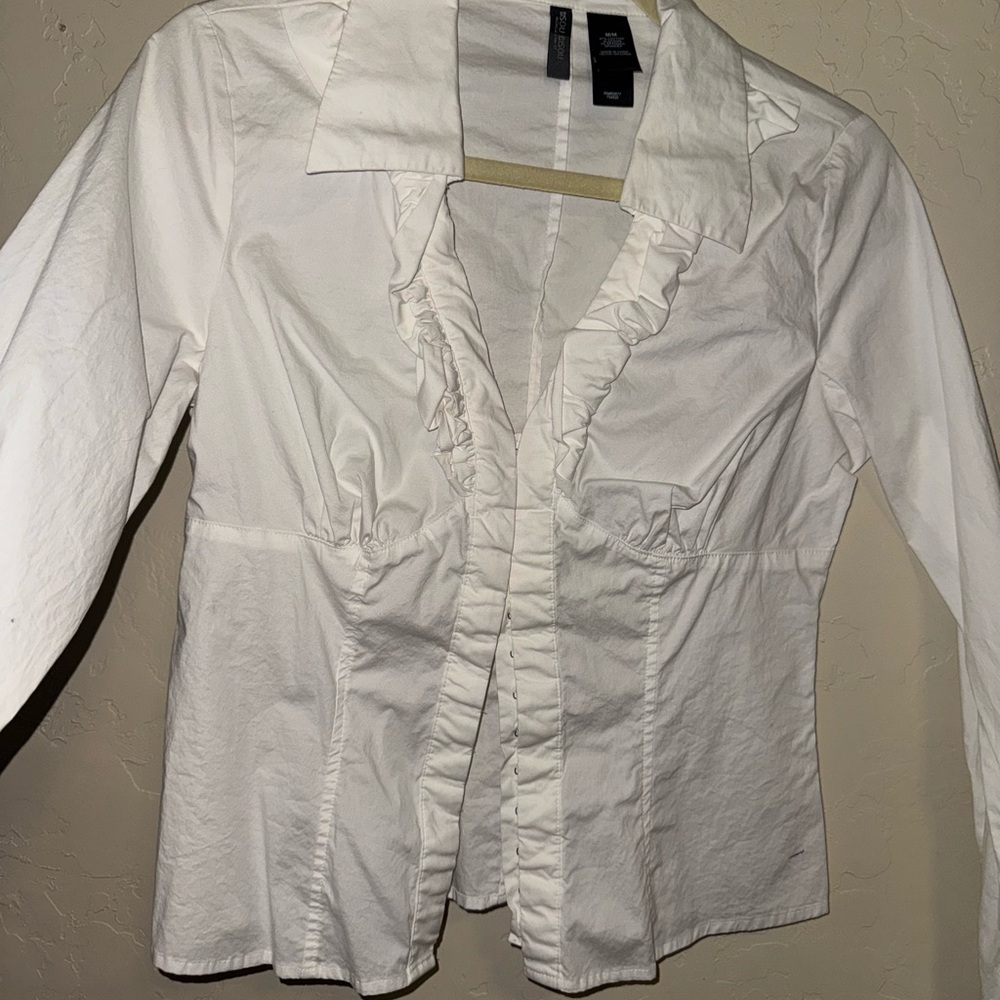 Bisou Bisou White Ruffled 3/4 Sleeve Blouse